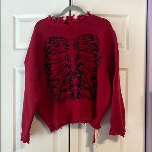 ROMWE Red Distressed Skeleton Sweater